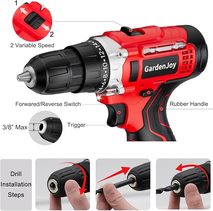 GardenJoy Cordless Power Drill Set: 12V Electric Drill with Battery and Charger, 65pcs Acessories, 3/8"Keyless Chuck, 2 Variable Speed, 24+1 Position, Compact Drill Driver Kit for Home & DIY Project