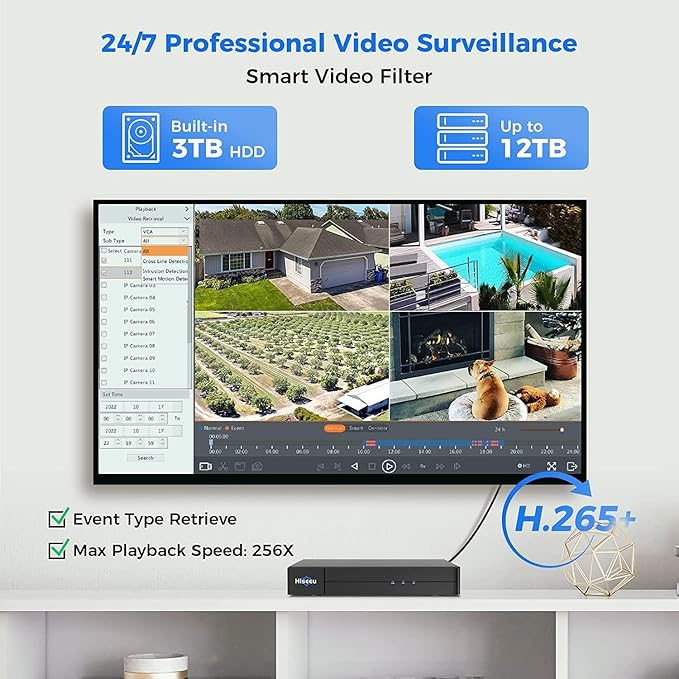[3TB HDD+Human Tracking] Hiseeu 4K PoE Security Camera System,CCTV Camera Security System w/5MP Home Security Cameras, PTZ 270°Pan 90°Tilt，2-Way Audio,Remote Access,Night Vision,Waterproof,7/24 Record
