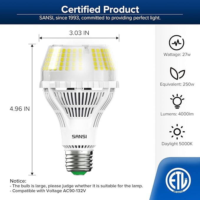 SANSI Dimmable LED Light Bulbs 250 Watt Equivalent, 4000 Lumens 5000K Dimmable Bright Daylight A21 E26 Bright LED Bulbs, 2 Pack, 22-Year Lifetime, 27W Power Energy Saving Light Bulbs for Home Office