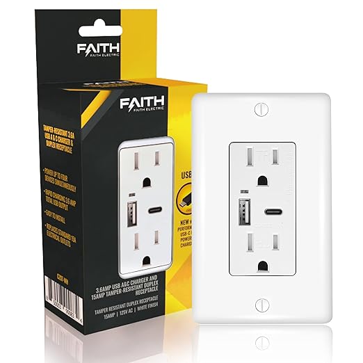 Faith Combination Electrical Outlet and USB Wall Charger | White Wall Outlet with USB Ports (2-Pack) | Power Outlet 15A/125V with 3.6A/5V Type A and C USB Outlets | Fast Charging and Tamper Resistant