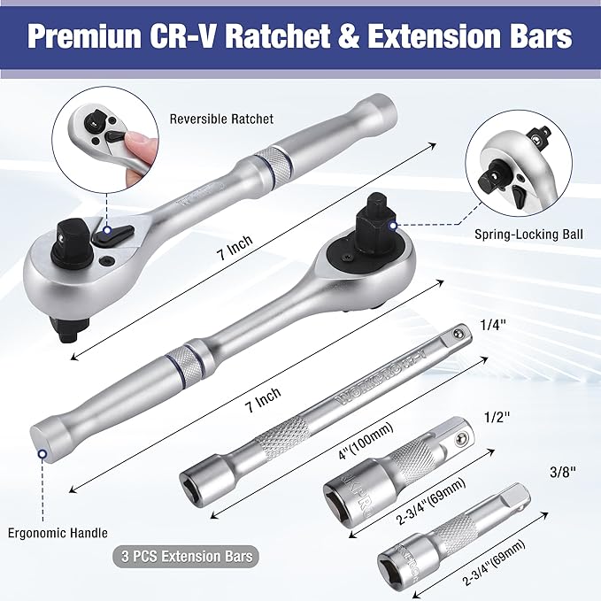 WORKPRO 22-Piece Socket Set with 3-in-1 Ratchet Handle, 1/4, 3/8, 1/2 Inch Drive Socket Wrench, CR-V Metric Socket Set, Extension Bars, Storage Box Included, Mechanics Tool Sets for Auto Repairing