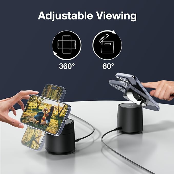 2025 Upgrade 3 in 1 Charging Station for Apple MagSafe Charger, Adjustable Portable Wireless Charging Stand, Fast Wireless Charger Dock for iPhone 16 15 14 13 12 Pro Max & Apple Watch AirPods (Black)