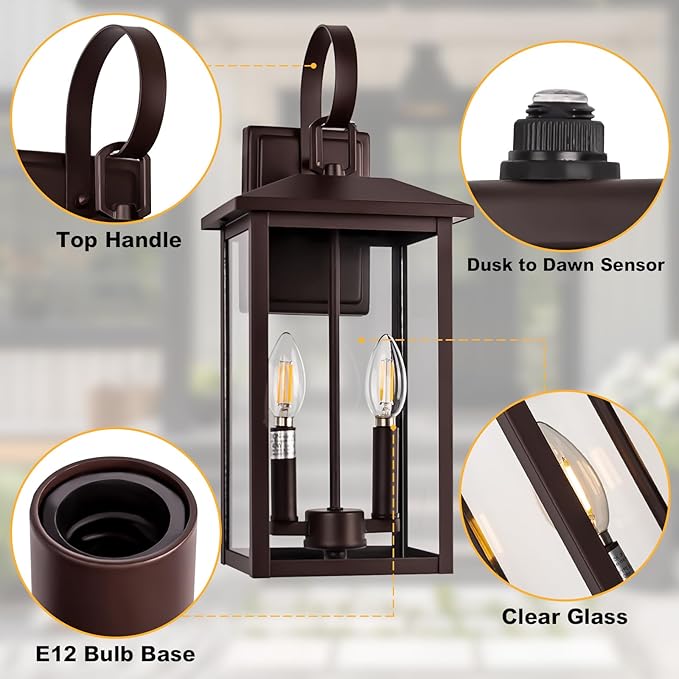 Extra Large Exterior Lighting Fixtures Bronze, Dusk Till Dawn Outdoor Light Fixture, 2-Light Outdoor Wall Fixture with E12 Socket, 18" Porch Light Fixtures for House, Garage, Patio, Door, Backyard