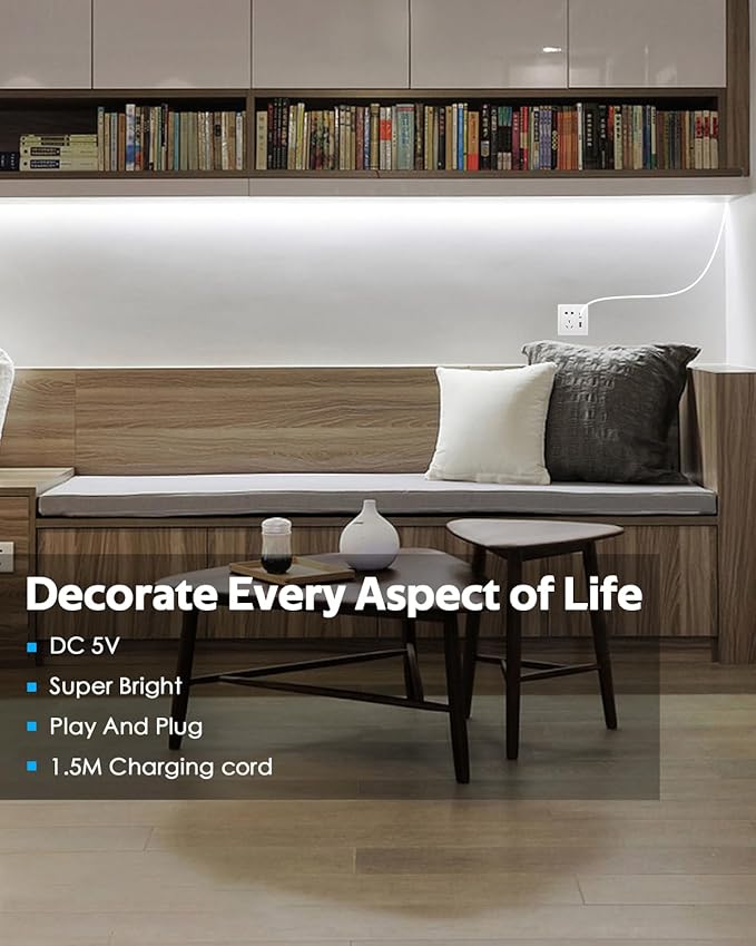 5V USB COB LED Light Strip Dimmable High Density White Light for TV 16.4FT 6000K 320LEDs/M Flexible LED Strip Lights USB Powered with Self -Adhesive for Bedroom Mirror TV Backlight Decor 5M