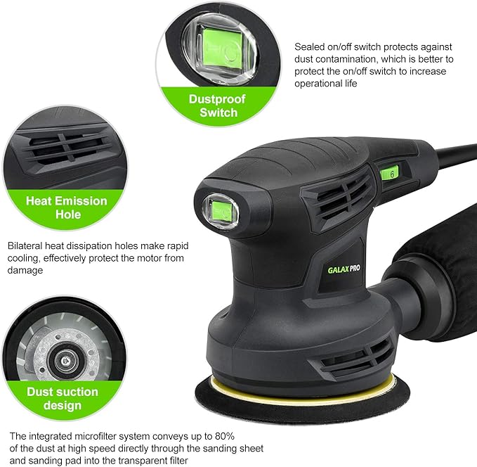 GALAX PRO 280W 13000OPM Max 6 Variable Speeds Orbital Sander with 15Pcs Sanding Discs, 5” electric Sander with Dust Collector for Sanding and Polishing