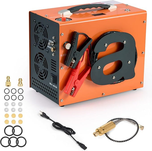 PCP Air Compressor with Auto Shut Down, Portable 4500Psi/30Mpa, Water/Oil-Free, One Button Start, Bursting Disc, 12V DC/120V AC PCP Airgun Compressor, Rifle/Pistol and Paintball Tank Air Pump (Orange)