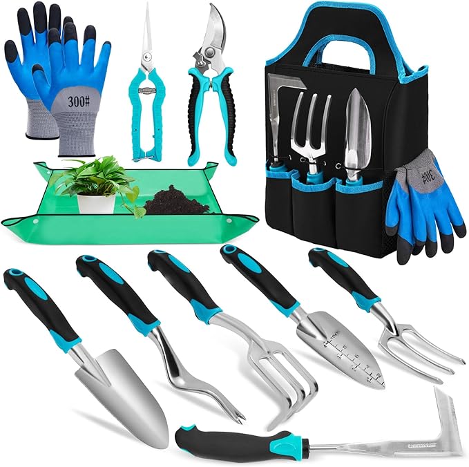 Garden Tool Set with Non Slip Rubber Grip,8 Piece Stainless Steel Gardening Tool Sets,Heavy Duty Outdoor Hand Tools with Bag,Uprooting Weeding Tool, Gifts for Women Men (Blue Garden Tools (11 Pcs))