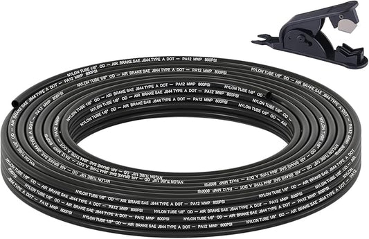 35FT 1/8 DOT Air Line SAE J844 PA12 Nylon Air Hose with Cutter 1/8” OD Pneumatic Tubing DOT Approved 1/8 Air Brake Hose for Air Suspension Kit Truck Trailer Brake System & Fluid Transfer 11m