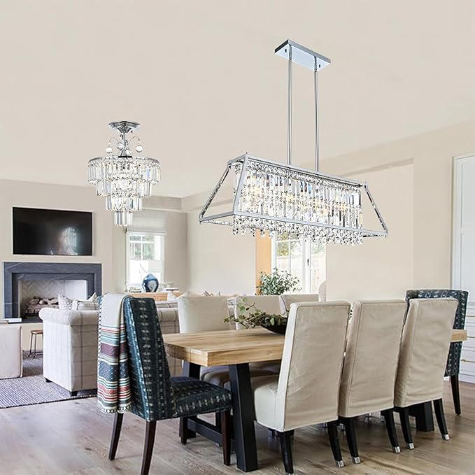 Crystal Chandelier Light for Dining Room, 4-Light Trapezoidal Industrial K9 Crystal Pendant Lights with Metal Frame Pendant Lamp for Kitchen Island Living Room Entryway (Chrome)