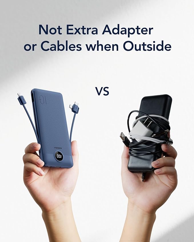 VEGER Portable Charger for iPhone with Built in Cables and Wall Plug, 10000mah Slim Fast Charging USB C Power Bank, Travel Essential Battery Pack Compatible with iPhone, iPad, Samsung etc(Navy)