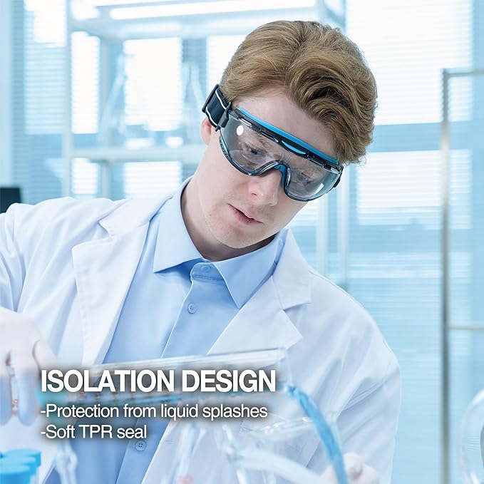 DEX FIT Protective Safety Goggles SG220; Anti Fog & Scratch, Z87 Eye Protection for Lab, Science, and Chemistry Work, Adjustable for Women and Men, (Black & Orange Frame, Clear Lens, 19cm Strap)