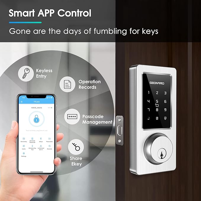 Keyless Entry Door Lock, Smart Deadbolt Lock with Bluetooth App, Electronic Keypad, IC Card, Spare Keys, Security Waterproof Smart Lock Easy Install USB Ideal for Home Use, Office, Hotel.(Sliver)