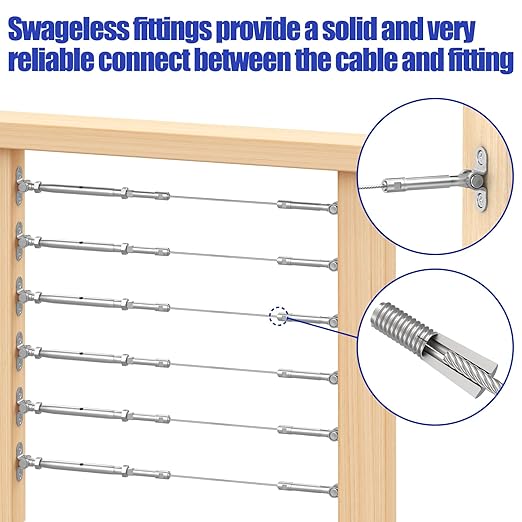 BLIKA Upgraded 10 Pairs 1/8" Swageless Cable Railing Kits, No Need Crimper Tool, T316 Stainless Steel, 180 Degree Adjustable Angle Swageless Surface Mount Turnbuckle for Wood Posts(Level & Stair)