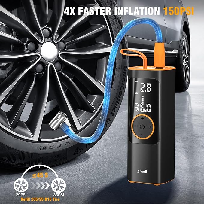 Tire Inflator Portable Air Compressor, 4X Faster Portable Air Compressor with Digital Pressure Gauge, LED Light and Auto Shut-Off, 150PSI Cordless Air Pump for Auto, Motorcycle, Bicycle, Ball