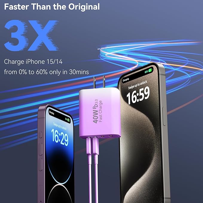 USB C Wall Fast Charger Block, 40W 4-Port Type C Chargers Fast Charging Blocks PD Power Charger Adapter+QC 3.0 USB Multiport Charger Brick for Phone 17/16/15/14/13/12 Pro Max, i-Pad, Galaxy S25-2Pack