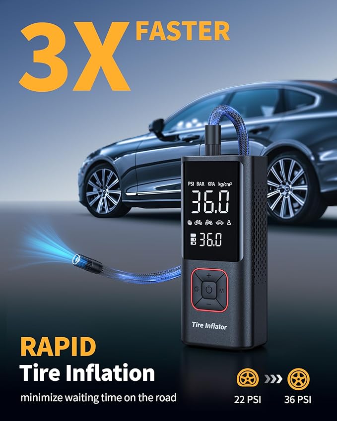 Cordless Tire Inflator Portable Air Compressor - 150PSI Air Pump with Auto Shutoff Function for Car Tires, Inflatables, Motorcycle, Balls, Compact Bike Tire Pump with LED Light, Red, Large