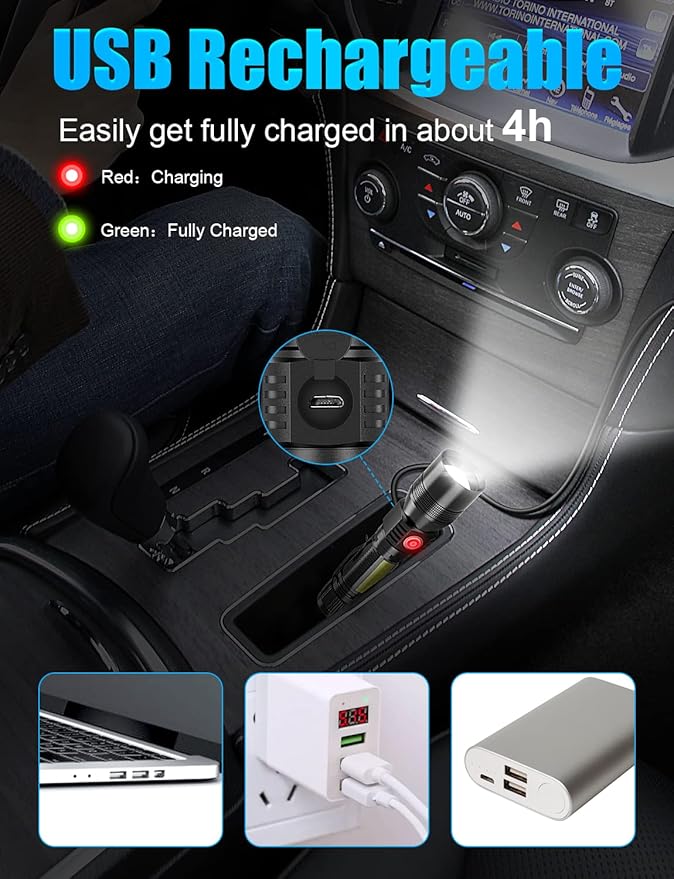 UV Rechargeable Flashlights Tactical,1000 High Lumens 3 in 1 LED Black Light Flashlight -Magnetic Base/Sidelight/Zoomable, Bright Pocket Flash Light for Stains Detection Camping Emergency,2PCS