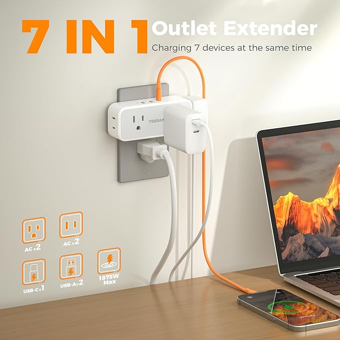 20W PD Surge Protector Outlet Extender, TESSAN Multi Plug Splitter with 4 Electrical Outlets 3 USB Ports(1 USB C), Multiple Plug Wall Expander for Home Office Dorm Room Essentials
