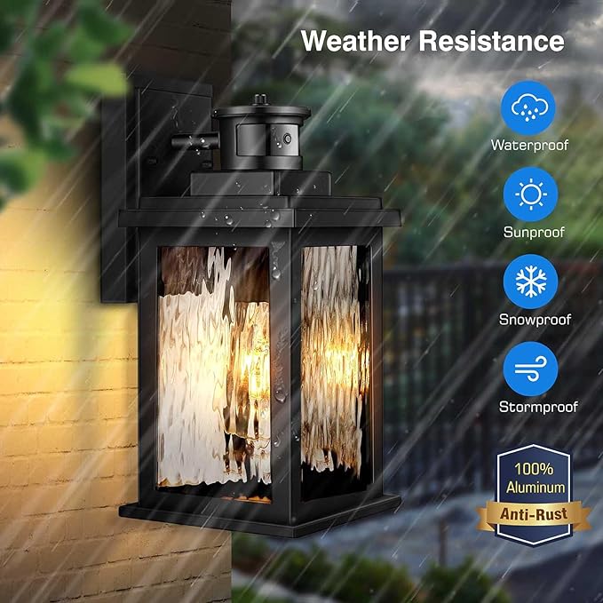 VIANIS Porch Lights Outdoor with Motion Sensor, Dusk to Dawn Outdoor Wall Lights Lantern, Anti-Rust Matte Black Outside Light Fixture Sconce for House, Patio, Garage, Waterproof