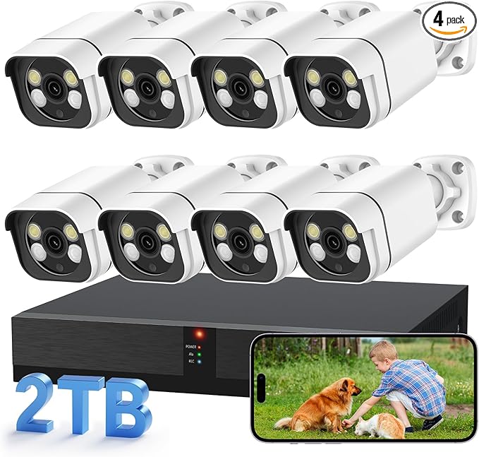 4K Security Camera System, 8pcs 2K PoE Wired Turret Cameras with Human Detection and 2 Way Talk, Color Night Vision, 8MP 4CH NVR with 1TB Hard Drive for 24/7 Local Recording, No Subscription
