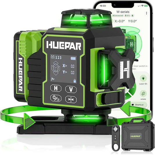 Huepar Laser Level 360 Self Leveling, W04CG Upgraded 4x360° Bluetooth Construction Lazer Leveler Tool with Electric Rotating Base ＆ Large LCD Screen, 4D 16 Lines Green Cross Laser Level