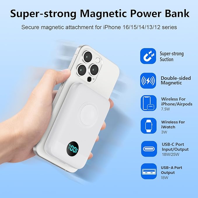 Magnetic Portable Charger for iPhone, 10800mAh 4-in-1 Wireless Power Bank with iWatch Charger, 25W PD Fast Charging Battery Pack for Magsafe, iPhone 16/15/14/13/12 Series, Apple Watch (B-White)