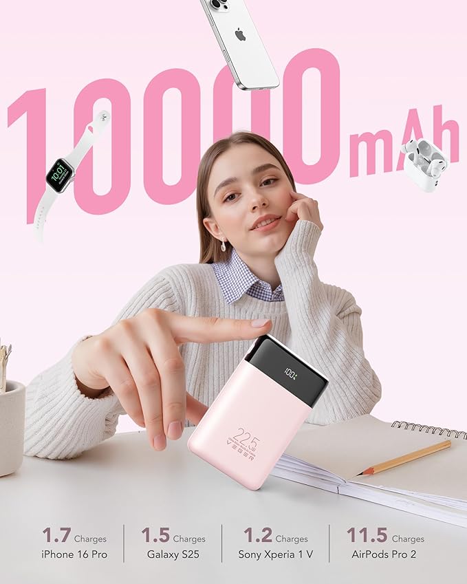 VEGER 10000mAh Portable Charger with 2 Built-in Cables, PD 22.5W Fast Charging USB C Power Bank, 4 Outputs 3 Inputs Slim Battery Pack Compatible with iPhone, Samsung, iPad, Android - Travel Essential