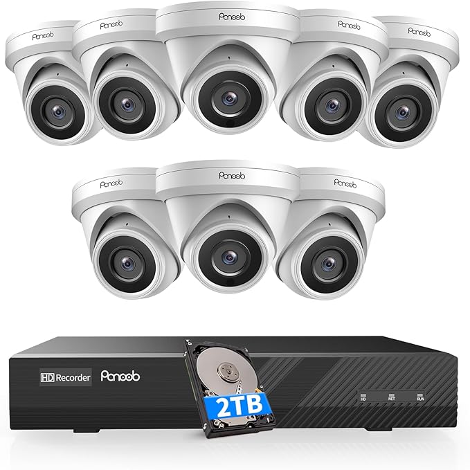 8 Channel Security Camera System PoE, 8X 5MP Wired IP Dome Turret PoE Camera for Indoor and Outdoor, 100ft IR Night Vision, AI Human Detection, Built-in Mic, 4K 8CH NVR 2TB HDD, PD93A0808-5M