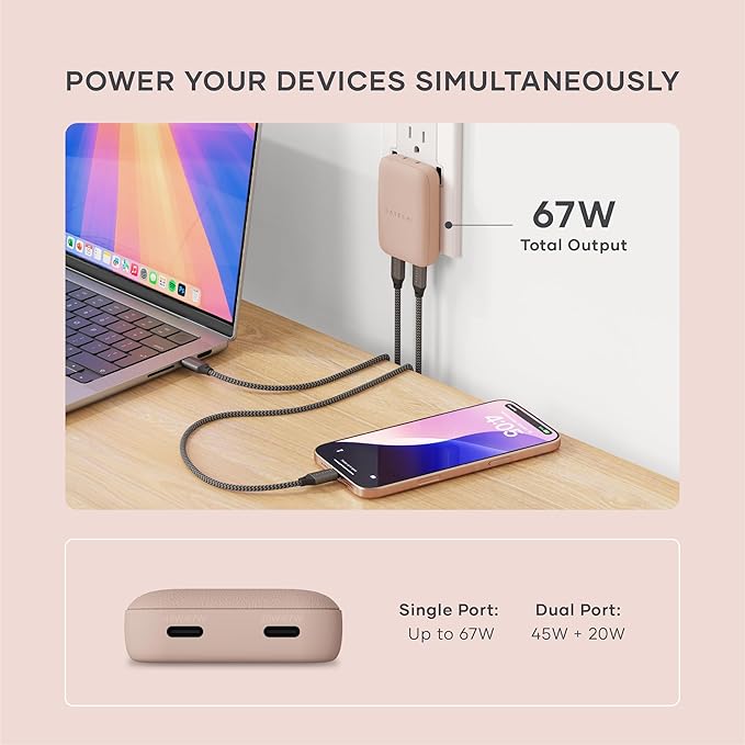 Satechi OntheGo 67W Wall Charger, GaN USB C Travel Charger with 2 USB-C PD Fast Charging Ports, for MacBook Pro/Air, iPad Pro/Air, iPhone 16, Steam Deck, Galaxy, Windows – Desert Rose