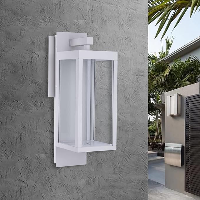 Lustrlach Dusk to Dawn LED Outdoor Wall Light Fixture White Exterior Porch Light with Photocell and Glass IP54 Waterproof Modern Wall Sconce for House Garage Outside Entryway Garden,3000K,15IN,750LM