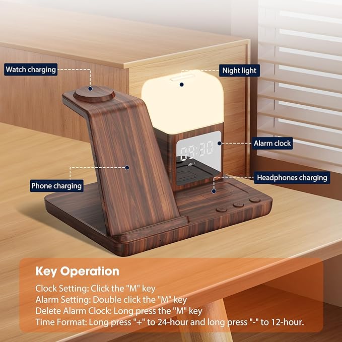 Wireless Charger for Samsung/Android, 6 in 1 Phone Nightstand Charging Station Charge with Alarm Clock/Light for Samsung S25/S24/S23 Ultra/Buds3 Pro,Watch Charger for Galaxy Watch 8/7/6/5-Woodgrain