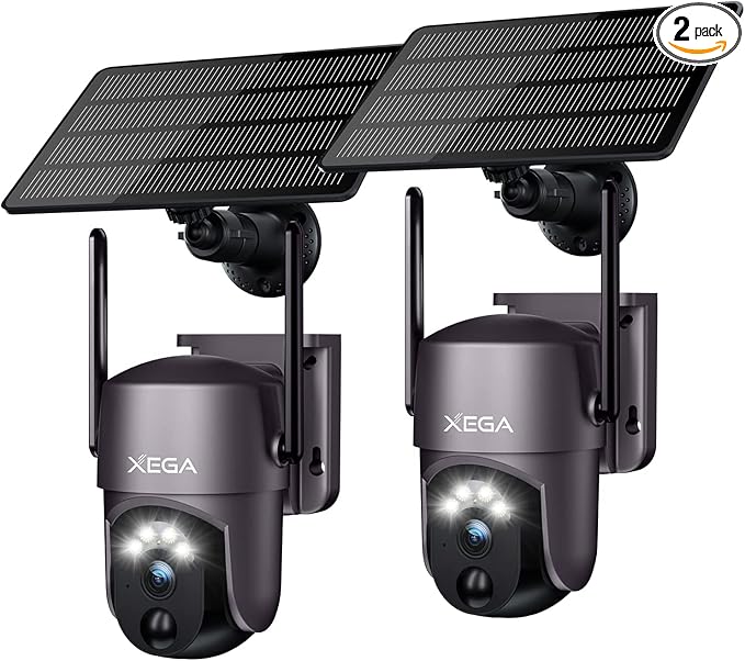 Xega 2 Pack Security Camera Wireless Outdoor 2K 360° PTZ Camera Solar Security Cameras 2.4G WiFi Video Surveillance w/Spotlight & Siren, Color Night Vision, AI Motion Detection, 2-Way Talk, IP66