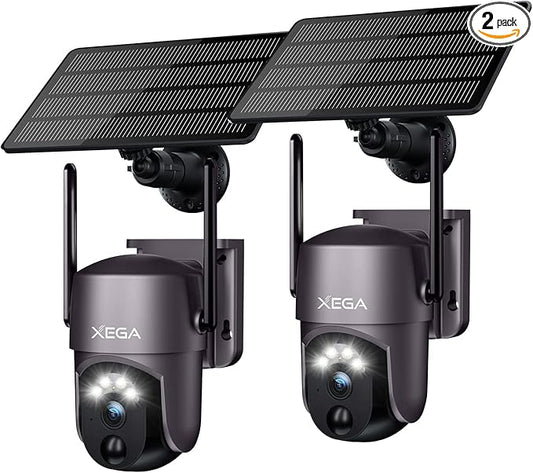 Xega 2 Pack Security Camera Wireless Outdoor 2K 360° PTZ Camera Solar Security Cameras 2.4G WiFi Video Surveillance w/Spotlight & Siren, Color Night Vision, AI Motion Detection, 2-Way Talk, IP66