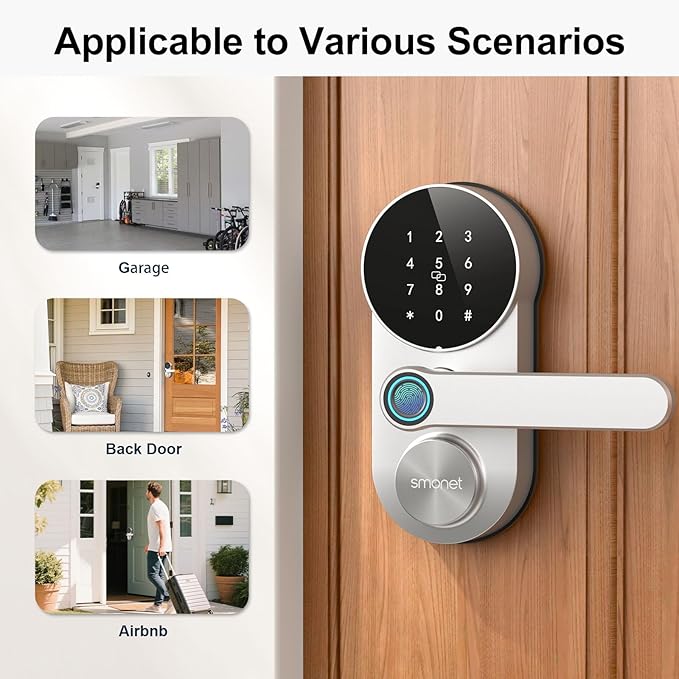 SMONET Keypad Door Lock with Handle: WiFi Smart Fingerprint Lock for Front Door Office Garage Easy Installation App Remote Control 2-Pack,Silver