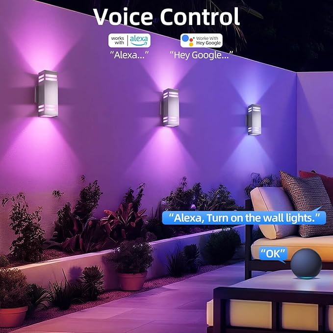 SHIMR Smart Outdoor Wall Light, RGBCW Color Changing WiFi & Bluetooth LED Sconce, Stainless Steel, Dusk to Dawn Sensor, Waterproof Exterior Lighting Fixture with E26 Base, Work with Alexa & Google