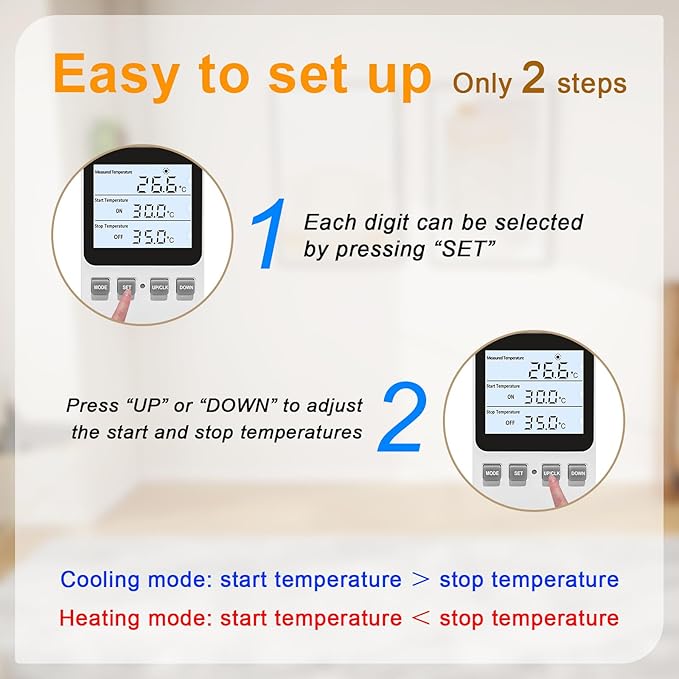 Digital Plug in Thermostat Outlet Socket, Heating Cooling Electric Temperature Controller, Heater Cooler Switch with Sensor, for Incubation Heat Mat Reptile Greenhouses Terrarium, 120V 15A