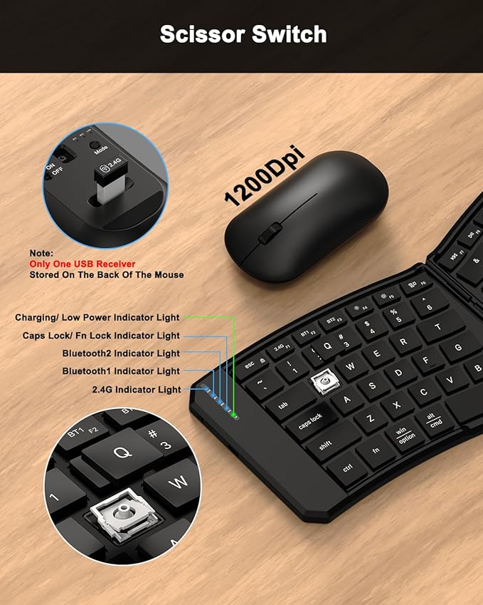 Ergonomic Foldable Keyboard and Mouse Combo, 2.4G+Dual Bluetooth Rechargeable Folding Keyboard Mouse for Travel and Business, Split Design, Portable Size for Laptop iPads Tablet Smartphone