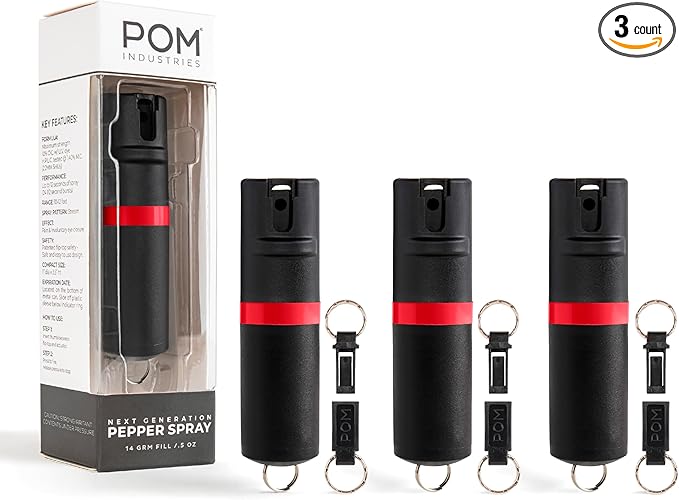 POM Pepper Spray Keychain, Quick Key Release for Instant Access, Flip Top Safety, Maximum Strength OC Formula with UV Marking Dye, 25 Bursts, 10 ft Range, 0.5 fl oz