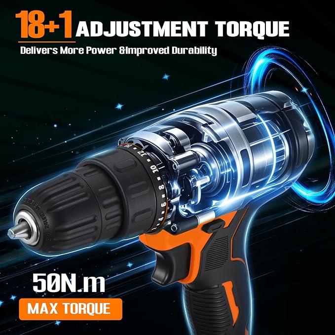 WORKBLESS 21V Power Drill Set, Cordless Drill with 2 Batteries and Charger, 3/8'' Keyless Chuck, Variable Speed, 18+1 Torque Setting and 28pcs Bits Tool Set(Orange)