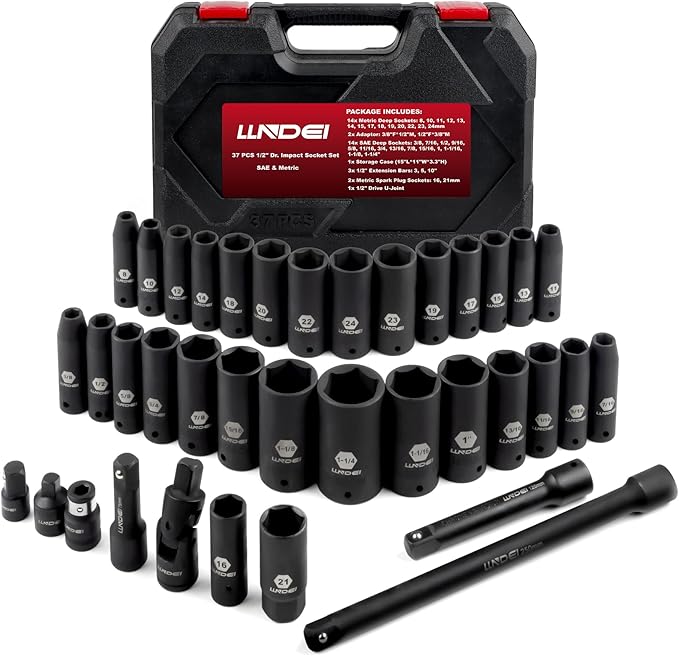 LLNDEI 1/2 inch Drive Deep Impact Socket Set, 37 Piece Standard SAE 3/8" to 1-1/4" | Metric 8 to 24mm, Includes Spark Plug Socket (16, 21mm), CR-MO Universal Joint, Extension Bars and Adapter