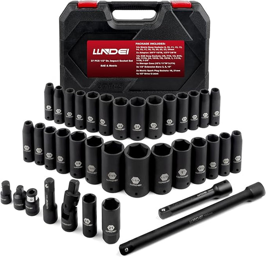 LLNDEI 1/2 inch Drive Deep Impact Socket Set, 37 Piece Standard SAE 3/8" to 1-1/4" | Metric 8 to 24mm, Includes Spark Plug Socket (16, 21mm), CR-MO Universal Joint, Extension Bars and Adapter