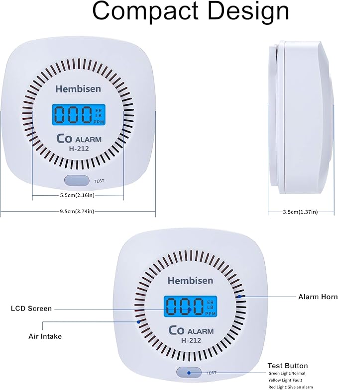 Carbon Monoxide Detectors - Hembisen CO Alarm Detector Monitor Battery Operated with Digital Display for House Kitchen Restaurant Hotel Office