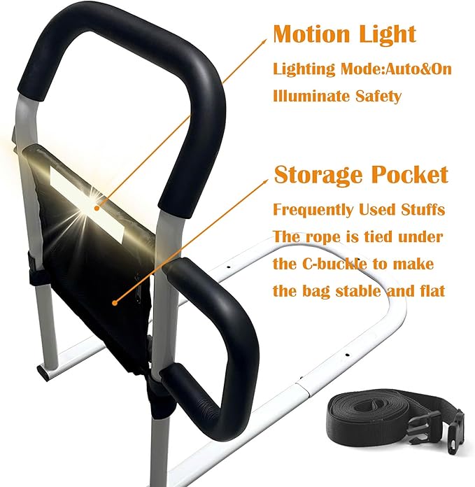 Bed Rails for Elderly Adults Safety, Bed Guard Rail with Dual Grab Bars for Seniors & Patients,Motion Light & Storage Pocket Support Up to 300lbs Fits King, Queen, Full, Twin Bed