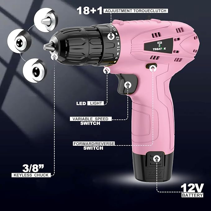 Cordless Drill Set,12V Power Drill Set with Battery and Charger, Electric Driver Drills Bits, 3/8'' Keyless Chuck,18+1 Torque Setting with LED Electric Drills Set, Pink