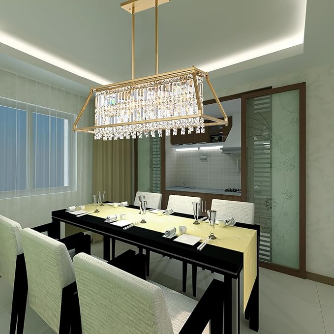 Crystal Chandelier Light for Dining Room, 4-Light Trapezoidal Industrial K9 Crystal Pendant Lights with Brushed Gold Metal Frame Pendant Lamp for Kitchen Island Living Room Entryway (Gold)