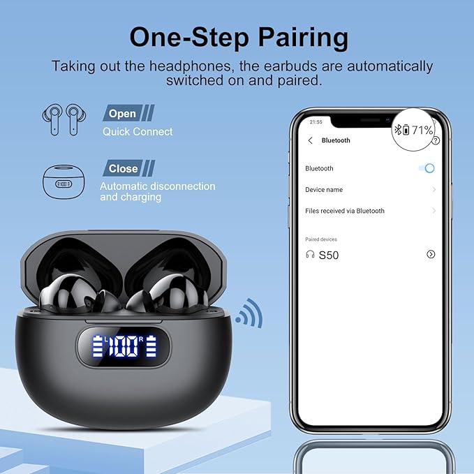 Wireless Earbuds, Bluetooth 5.3 Headphones LED Power Display, 2025 New Wireless Earphones, 4 ENC Noise Cancelling Mic, HiFi Stereo, 48H Playtime Mini Case IP7 Waterproof for Sport Walk