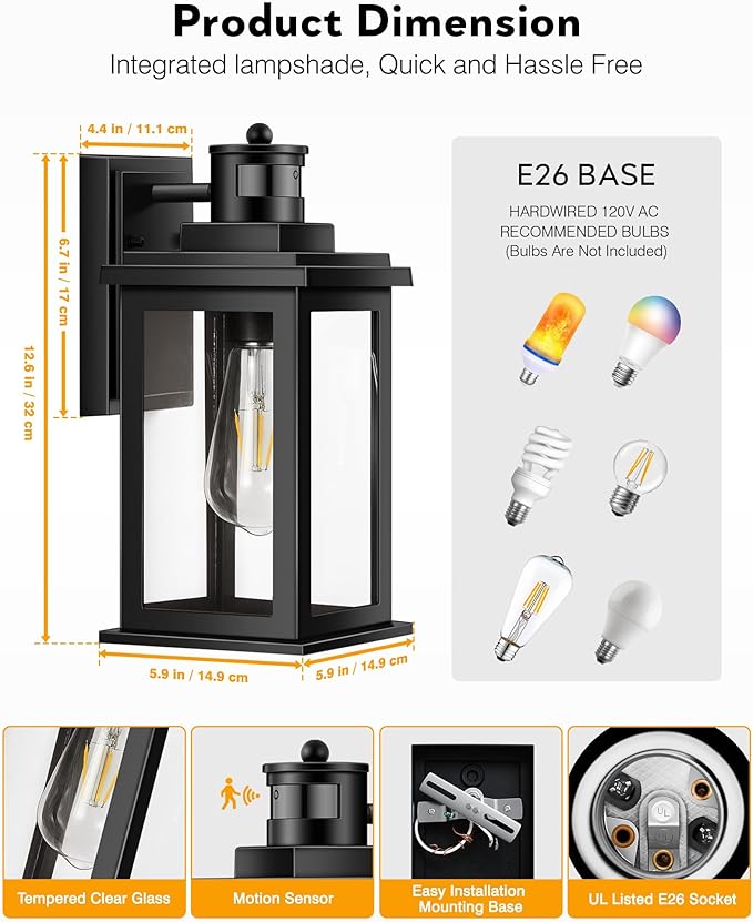 VIANIS Outdoor Motion Sensor Light, Black Exterior Lighting Fixtures Sconce, Dusk to Dawn Outdoor Lighting, Waterproof Front Porch Light for Garage, Patio, Doorway, Anti-Rust, Hardwired, Non-Solar