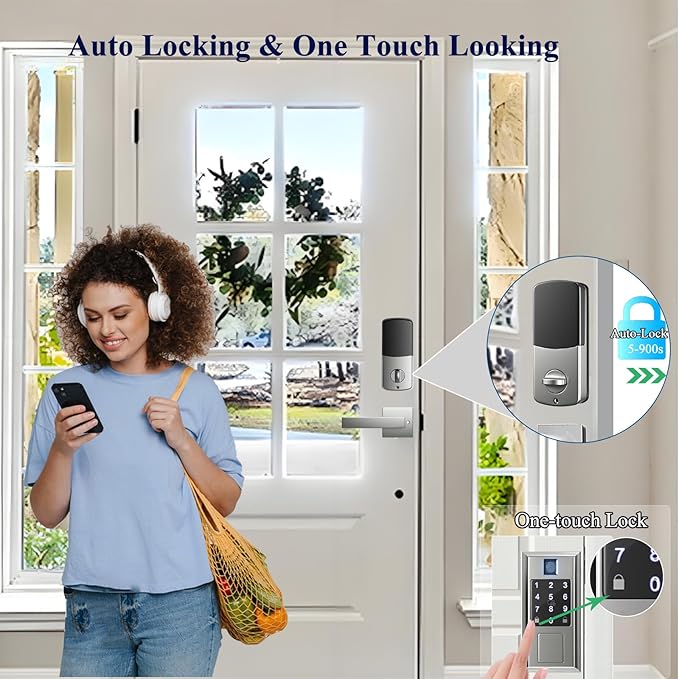 Smart Locks for Front Door with Lever Handle Set, Keyless Entry Door Lock, Fingerprint & App Control, Touchscreen Keypad Deadbolt, Auto Lock, Satin Nickel