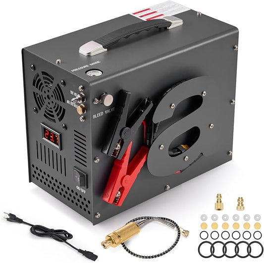 PCP Air Compressor with Manual Shut Down, 4500Psi/30Mpa, Water/Oil-Free, Powered by 12V DC/120V AC, Fan Cooling System, PCP Compressor for Air Rifle, Paintball and Scuba Tank Compressor Pump (Gray)