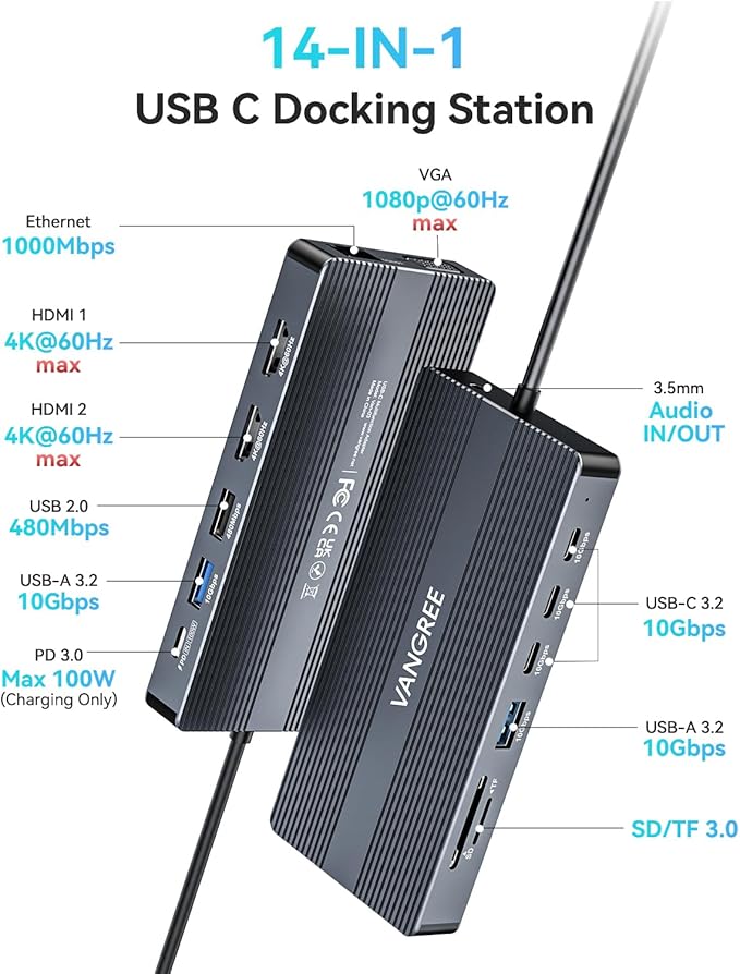 USB C Docking Station, 14 in 1 USB C Hub Multiport Adapter, Triple Display 3 Monitors with Dual 4K HDMI+VGA, 100W PD, 5xUSB A/C 10Gbps, Ethernet, SD/TF, Audio Ports for Laptop/Lenovo/Dell/HP/Surface